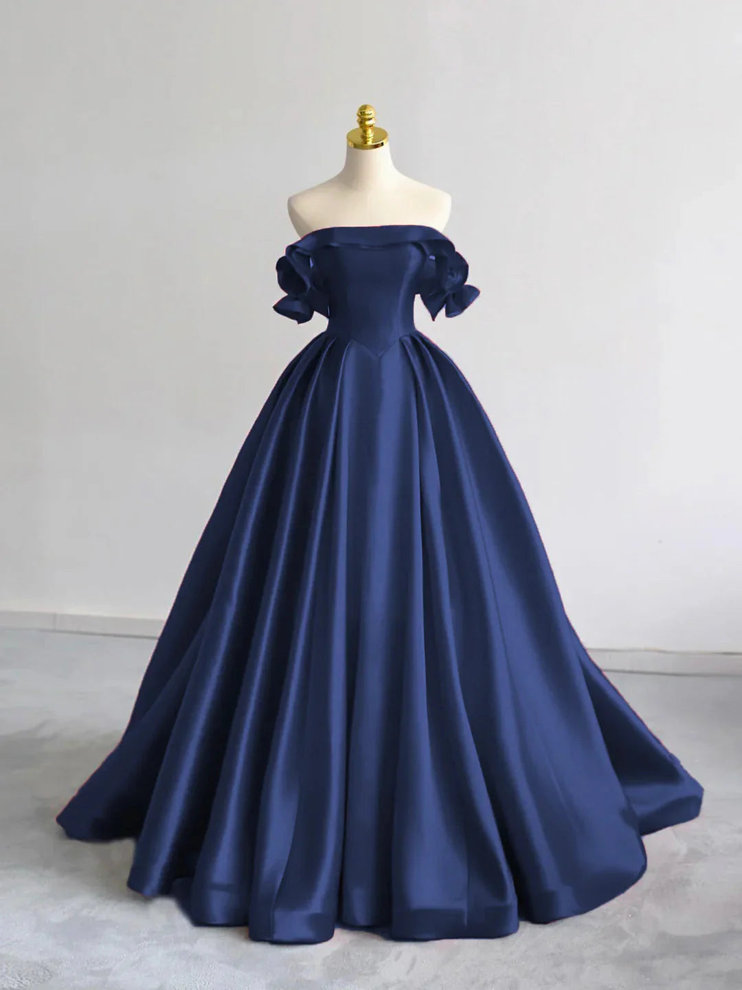 A-Line Off Shoulder Satin Dark Blue Long Prom Dress, Dark Blue Long Formal Dress