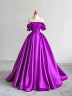 A-Line Off Shoulder Satin Dark Blue Long Prom Dress, Dark Blue Long Formal Dress