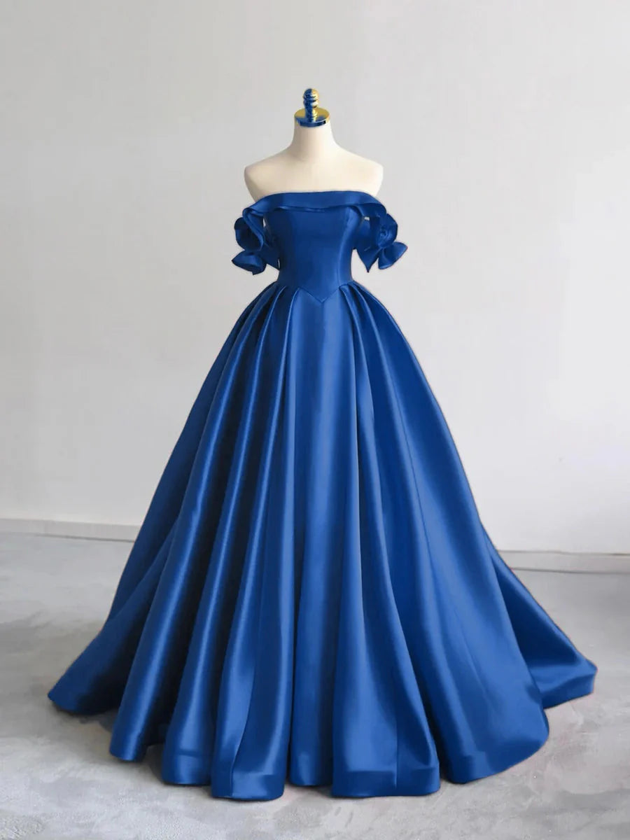 A-Line Off Shoulder Satin Dark Blue Long Prom Dress, Dark Blue Long Formal Dress