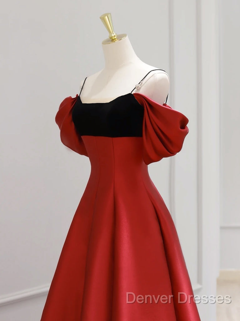 A-Line Off Shoulder Satin Dark Red Long Prom Dress, Red Long Formal Dress
