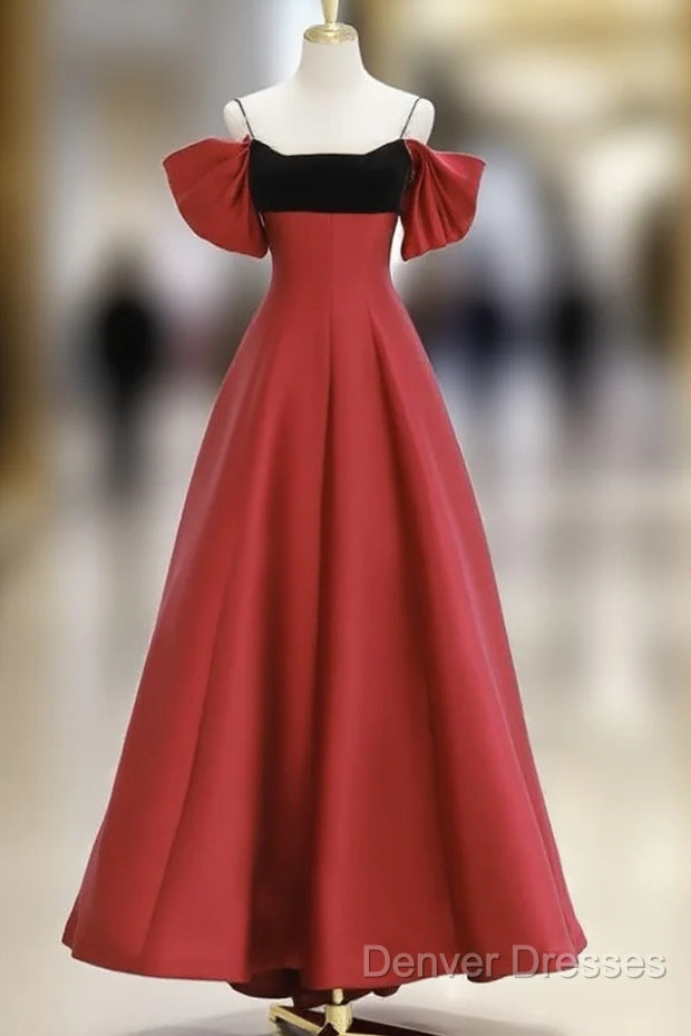 A-Line Off Shoulder Satin Dark Red Long Prom Dress, Red Long Formal Dress Main image
