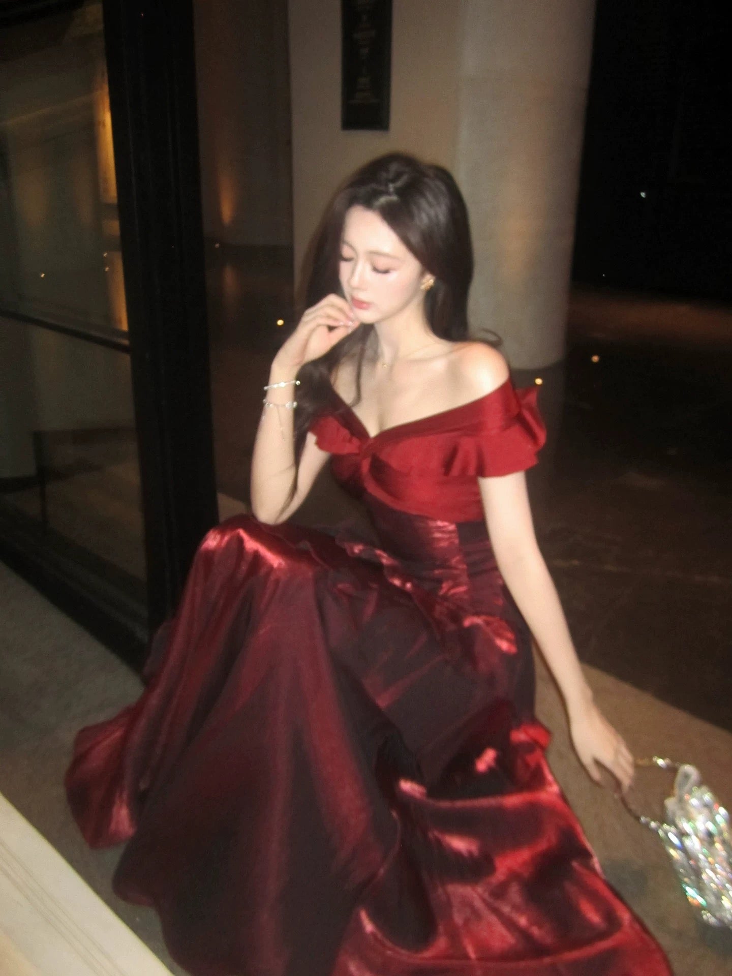 A-Line Off Shoulder Satin Floor Length Burgundy Prom Dress Secondary image