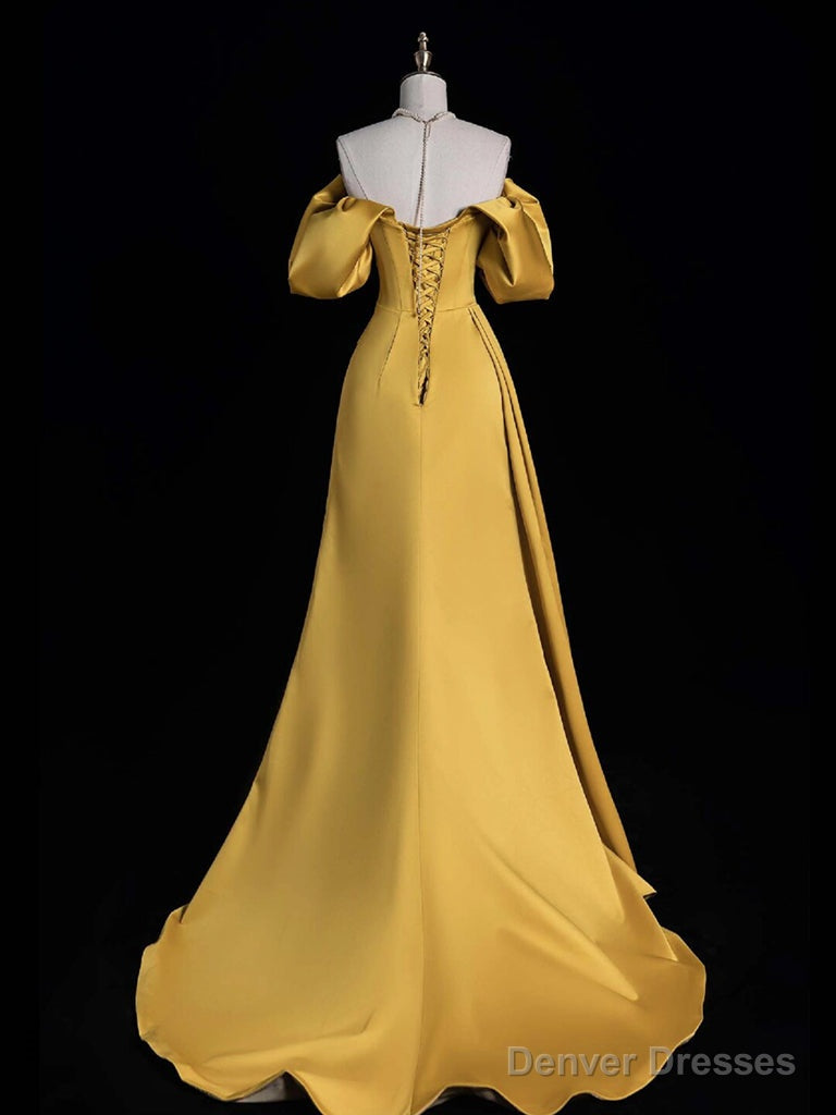 A-Line Off Shoulder Satin Gold Long Prom Dress, Gold Long Evening Dress Secondary image