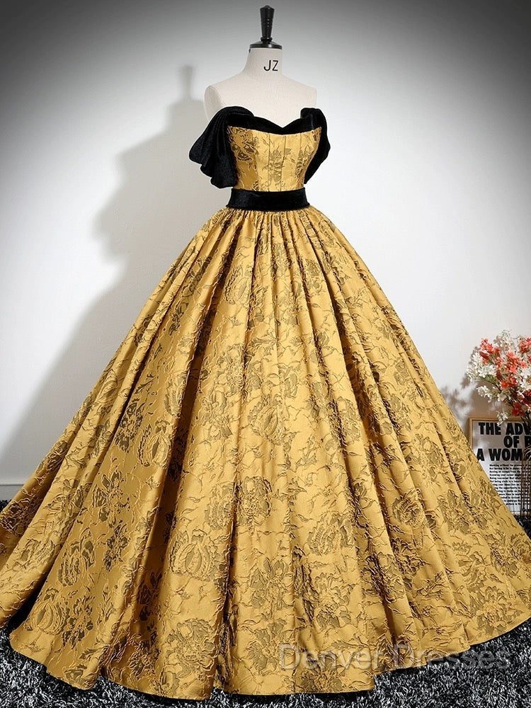A-Line Off Shoulder Satin Gold Long Prom Dress, Gold Long Formal Dress Secondary image
