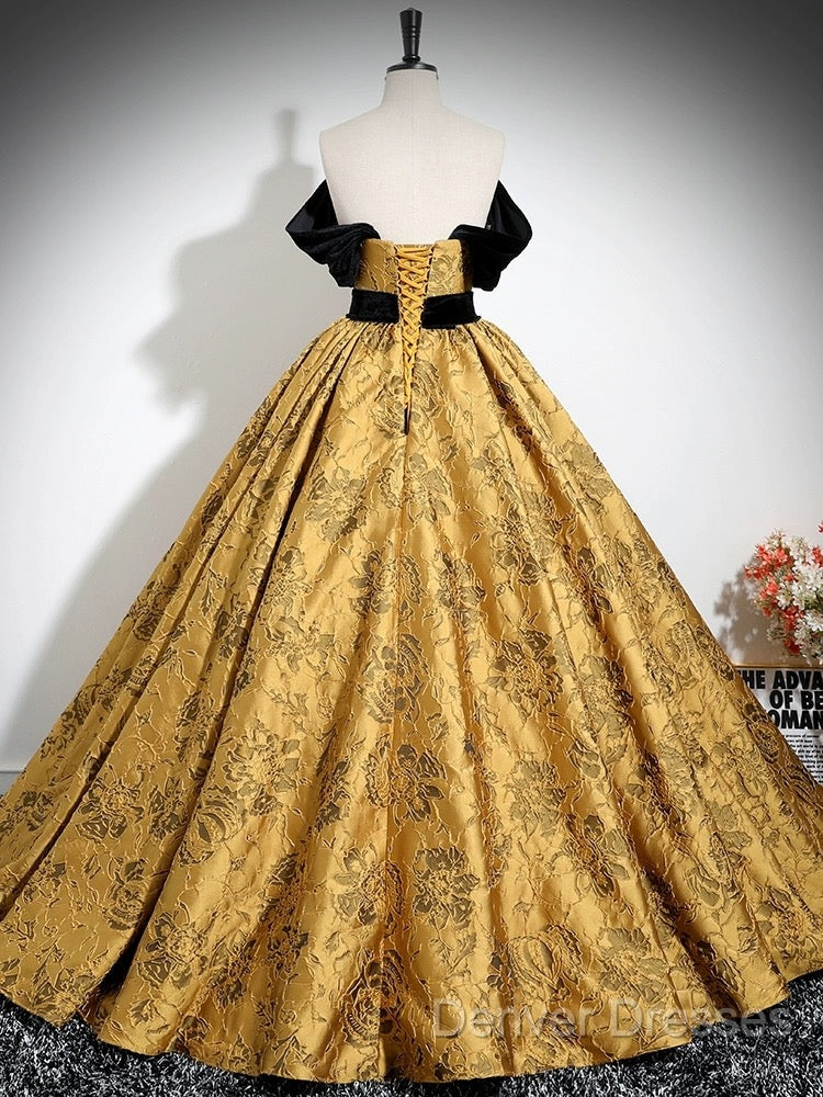 A-Line Off Shoulder Satin Gold Long Prom Dress, Gold Long Formal Dress
