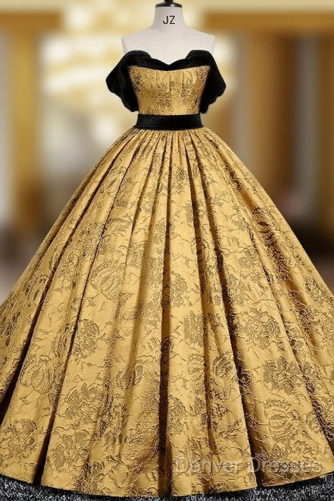 A-Line Off Shoulder Satin Gold Long Prom Dress, Gold Long Formal Dress Main image