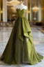 A-Line Off Shoulder Satin Green Long Prom Dress, Green Formal Dress