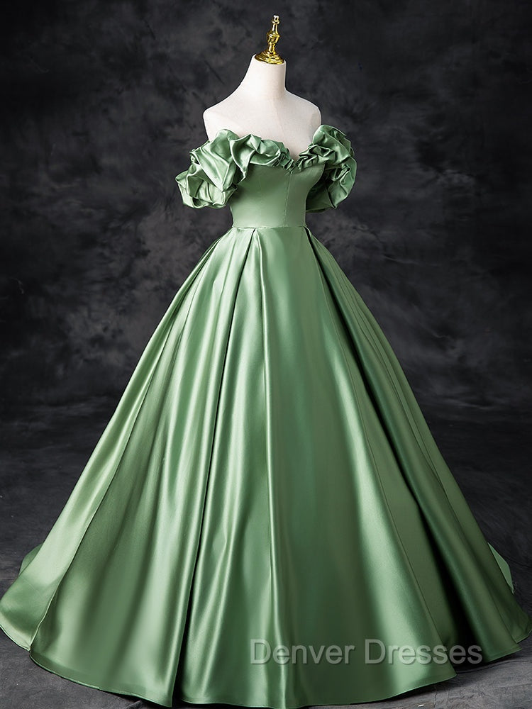A-Line Off Shoulder Satin Green Long Prom Dress, Green Long Formal Dress Secondary image