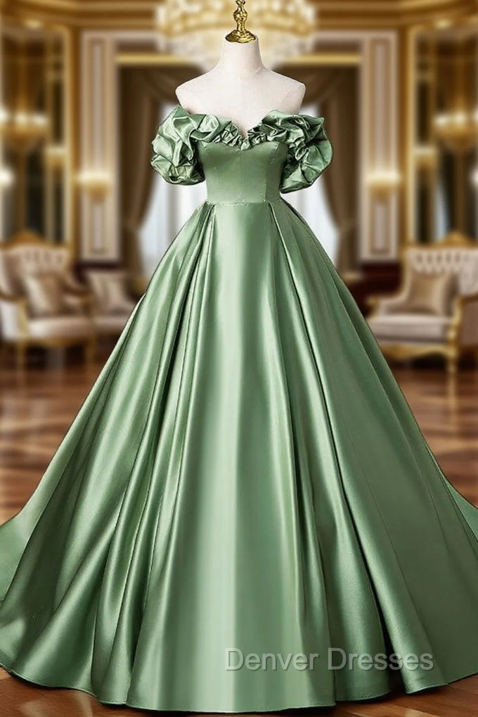 A-Line Off Shoulder Satin Green Long Prom Dress, Green Long Formal Dress Main image