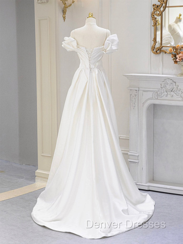 A-Line Off Shoulder Satin ivory Long Prom Dress, Ivory  Long Bridesmaid Dress Secondary image
