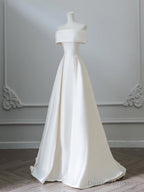 A-Line Off Shoulder Satin Ivory Long Prom Dress, Ivory Long Formal Dress