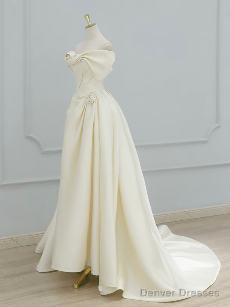 A-Line Off Shoulder Satin Light Champagne Long Prom Dress Secondary image