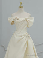 A-Line Off Shoulder Satin Light Champagne Long Prom Dress