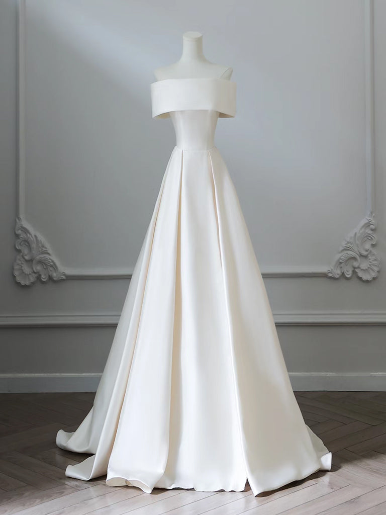 A-Line Off Shoulder Satin Light Champagne Long Prom Dress, Light Champagne Evening Dress Main image