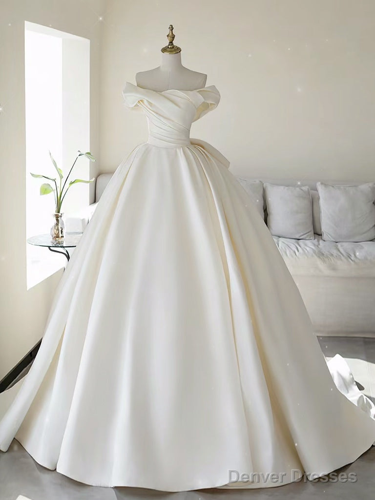 A-Line Off Shoulder Satin Light Champagne Long Prom Dress, Light Champagne Formal Dress Main image