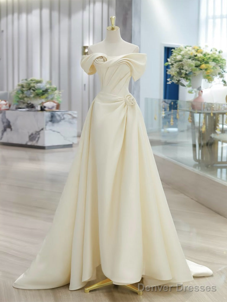 A-Line Off Shoulder Satin Light Champagne Long Prom Dress Main image