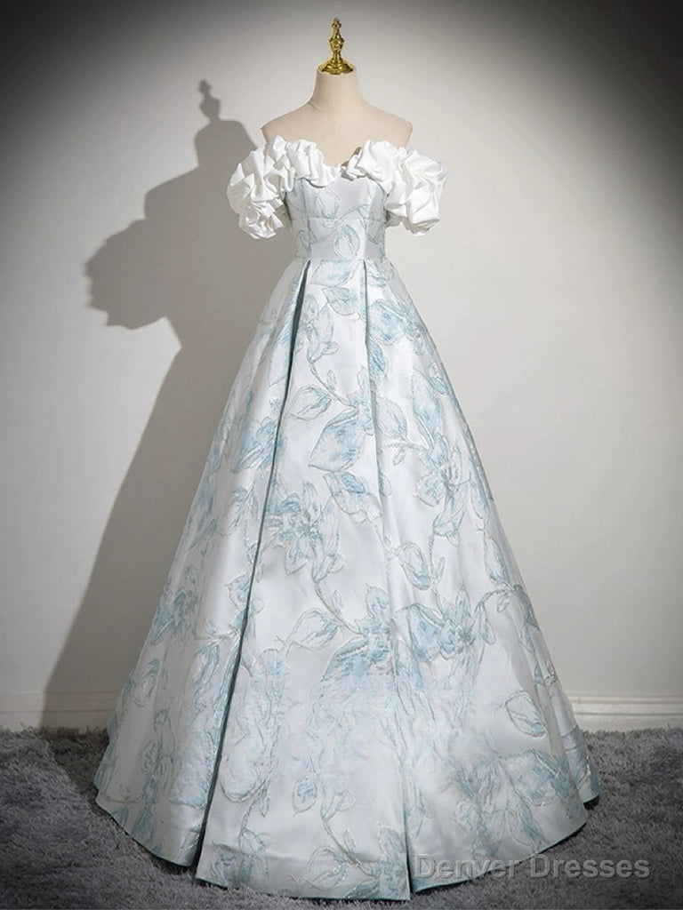 A-Line Off Shoulder Satin Long Prom Dress, Blue Long Formal Dress Main image
