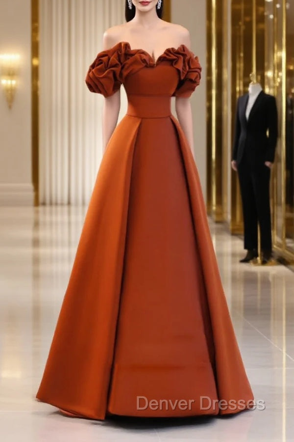 A-Line Off Shoulder Satin Orange Long Prom Dress, Orange Formal Evening Dress Main image