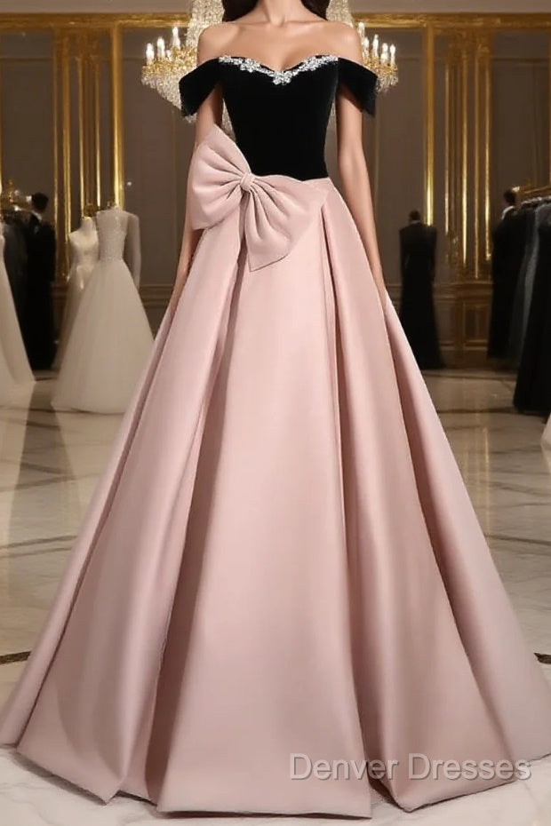 A-Line Off Shoulder Satin Pink Long Prom Dress, Pink Long Formal Dress Main image