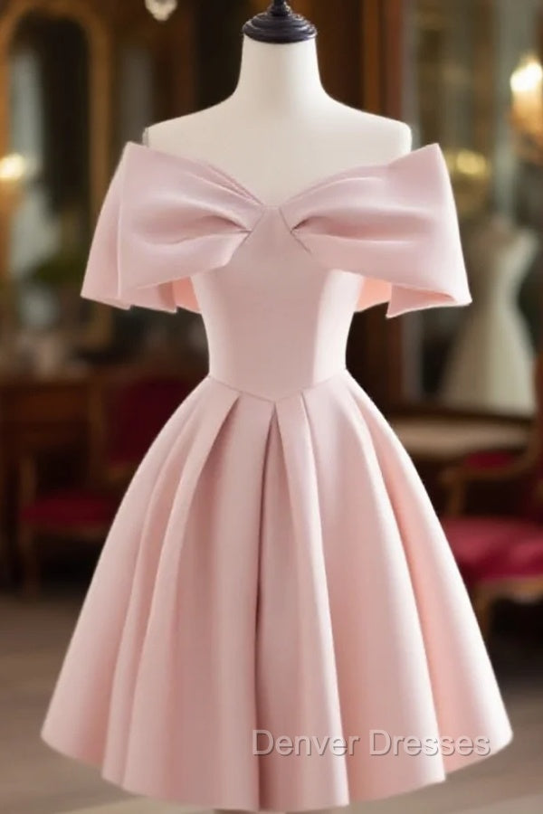 A-Line Off Shoulder Satin Pink Short Prom Dress, Pink Homecoming Dress Main image