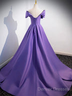 A-Line Off Shoulder Satin Purple Long Prom Dress, Purple Long Evening Dress