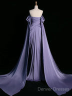 A-Line Off Shoulder Satin Purple Long Prom Dress, Purple Long Formal Dress