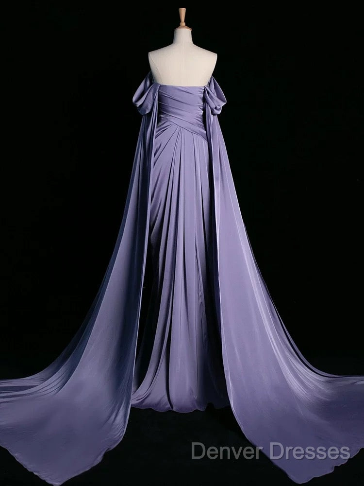 A-Line Off Shoulder Satin Purple Long Prom Dress, Purple Long Formal Dress