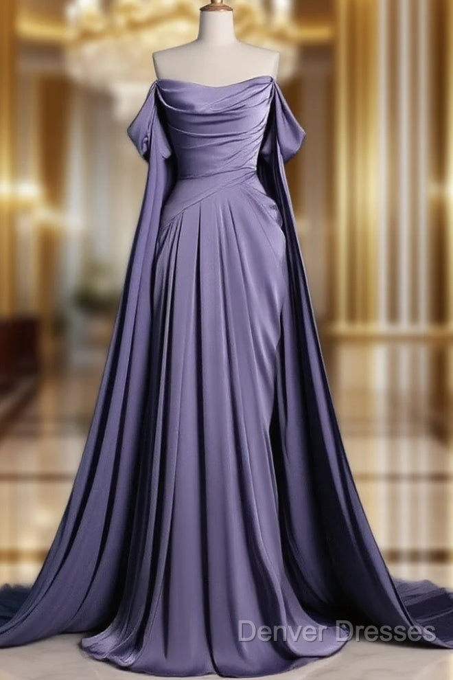 A-Line Off Shoulder Satin Purple Long Prom Dress, Purple Long Formal Dress Main image