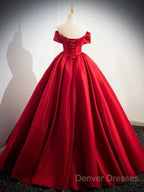 A-Line Off Shoulder Satin Red Ballgown Long Prom Dress Evening Dress Floor Length