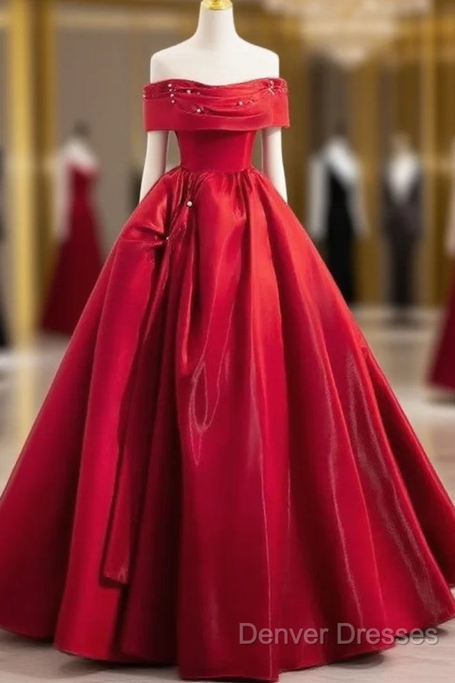 A-Line Off Shoulder Satin Red Ballgown Long Prom Dress Evening Dress Floor Length Main image