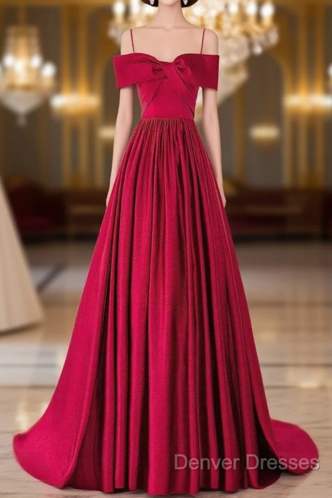 A-Line Off Shoulder Satin Red Long Prom Dress, Red Evening Dress Main image