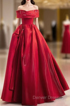 A-Line Off Shoulder Satin Red Long Prom Dress, Red Long Evening Dress