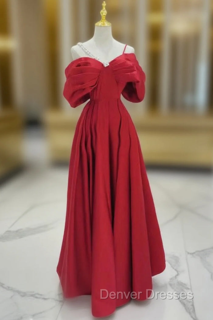 A-Line Off Shoulder Satin Red Long Prom Dress, Red Long Formal Dress Main image