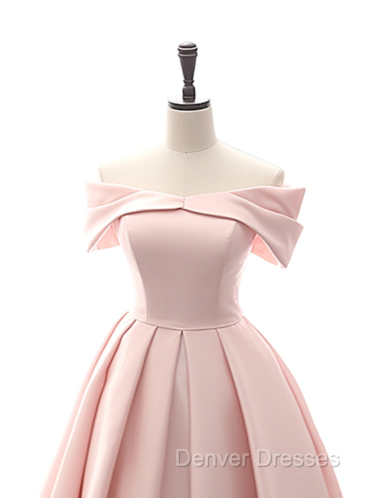 A-Line Off Shoulder Satin Tea Length Pink Prom Dress, Pink Formal Dress Secondary image