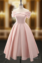 A-Line Off Shoulder Satin Tea Length Pink Prom Dress, Pink Formal Dress