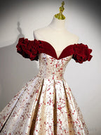 A-Line Off Shoulder Satin/Velvet Champagne Long Prom Dress, Champagne Long Formal Dress
