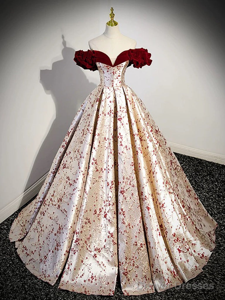 A-Line Off Shoulder Satin/Velvet Champagne Long Prom Dress, Champagne Long Formal Dress Main image