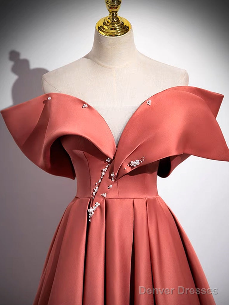 A-Line Off Shoulder Satin Watermelon Red Long Prom Dress, Watermelon Long Formal Dress Secondary image