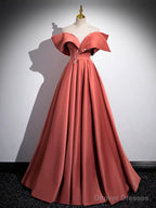A-Line Off Shoulder Satin Watermelon Red Long Prom Dress, Watermelon Long Formal Dress