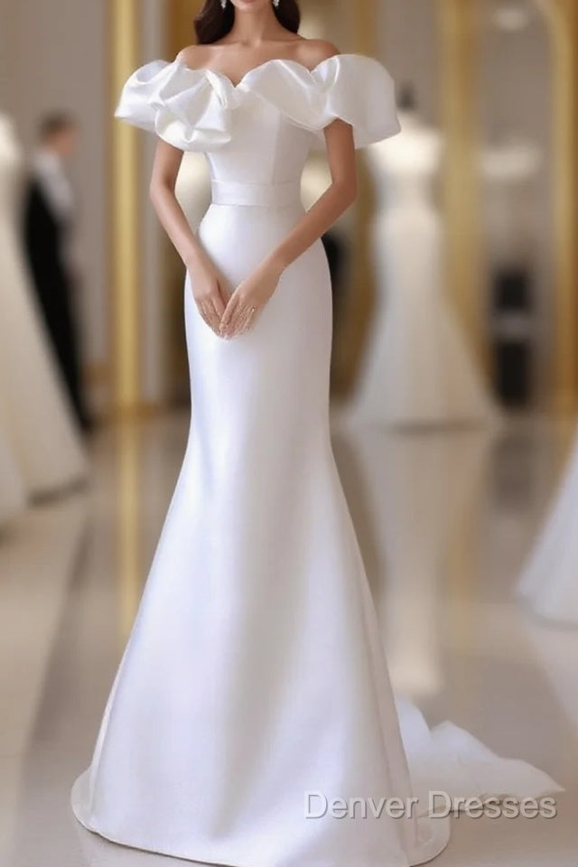 A-Line Off Shoulder Satin White Long Prom Dress, White Long Party Dress Main image