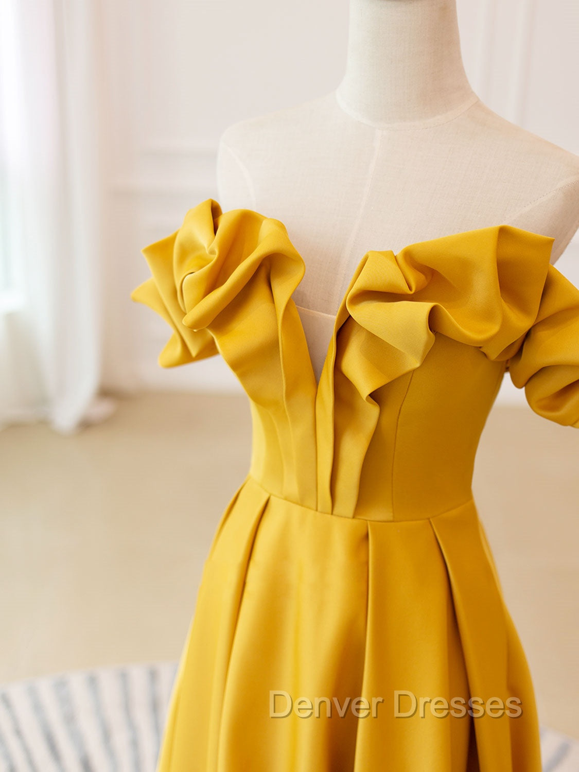 A-Line Off Shoulder Satin Yellow Long Prom Dress, Yellow Formal Evening Dress Secondary image