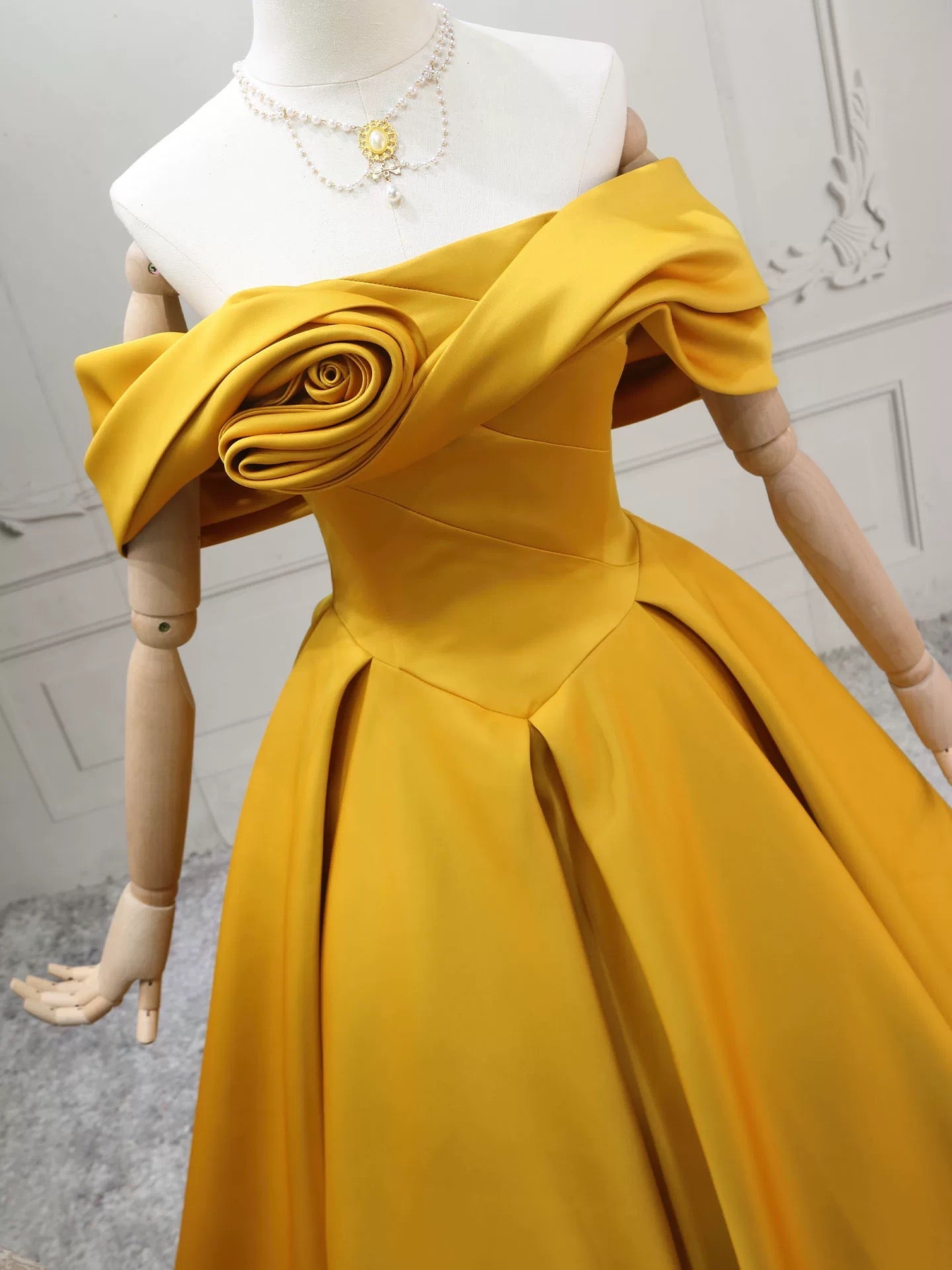 A-Line Off Shoulder Satin Yellow Long Prom Dress, Yellow Long Evening Dress Secondary image