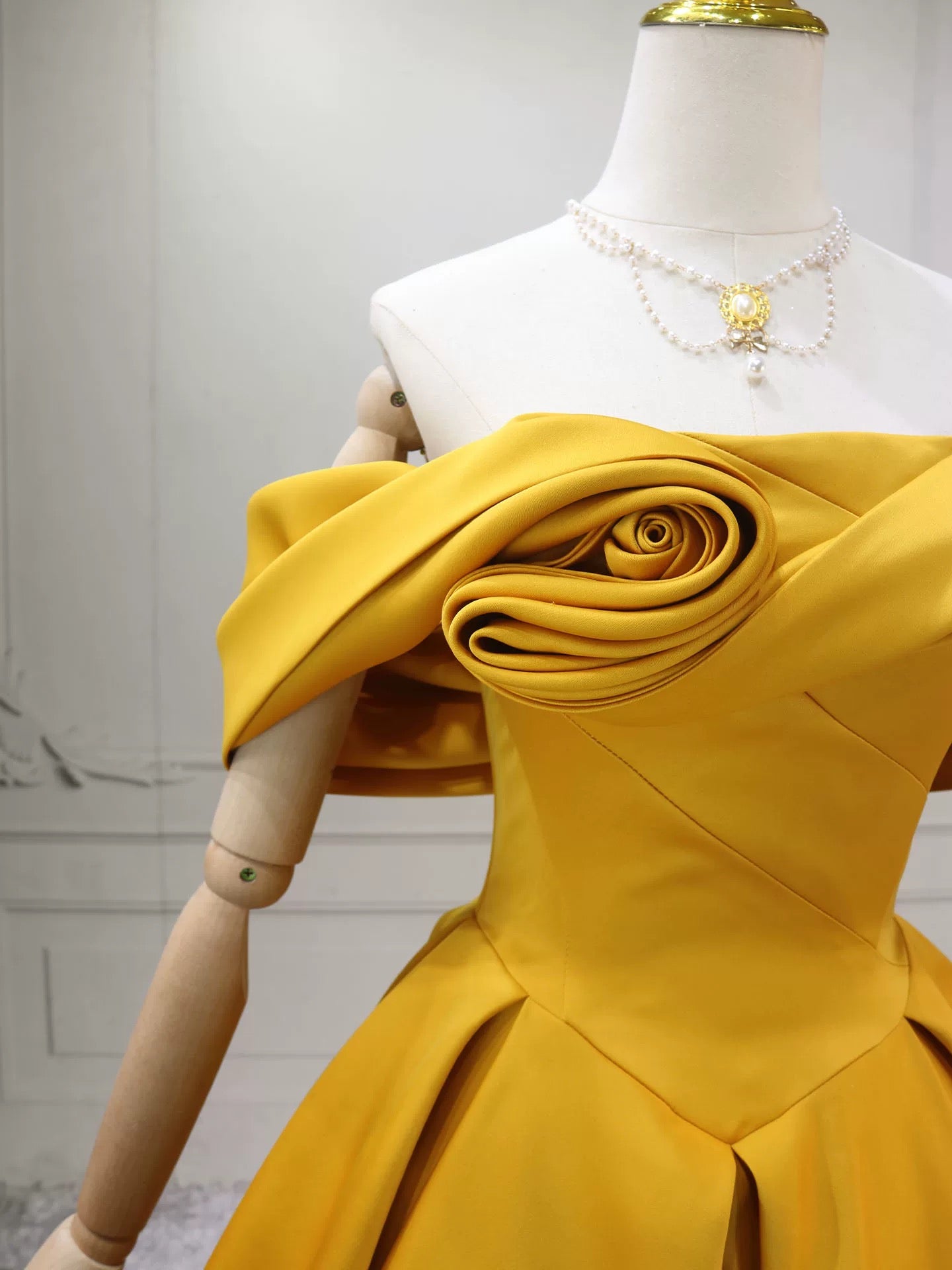 A-Line Off Shoulder Satin Yellow Long Prom Dress, Yellow Long Evening Dress