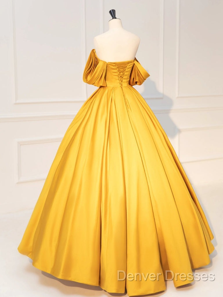 A-Line Off Shoulder Satin Yellow Long Prom Dress, Yellow Long Formal Dress Secondary image