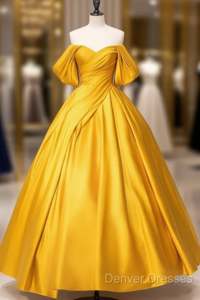 A-Line Off Shoulder Satin Yellow Long Prom Dress, Yellow Long Formal Dress Main image