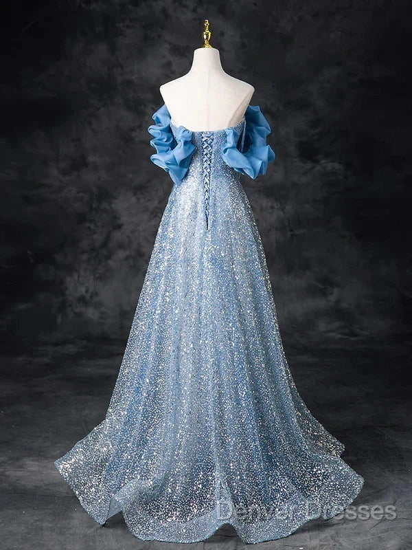 A-Line Off Shoulder Sequin Beads Blue Long Prom Dress Sparkly Evening Dress