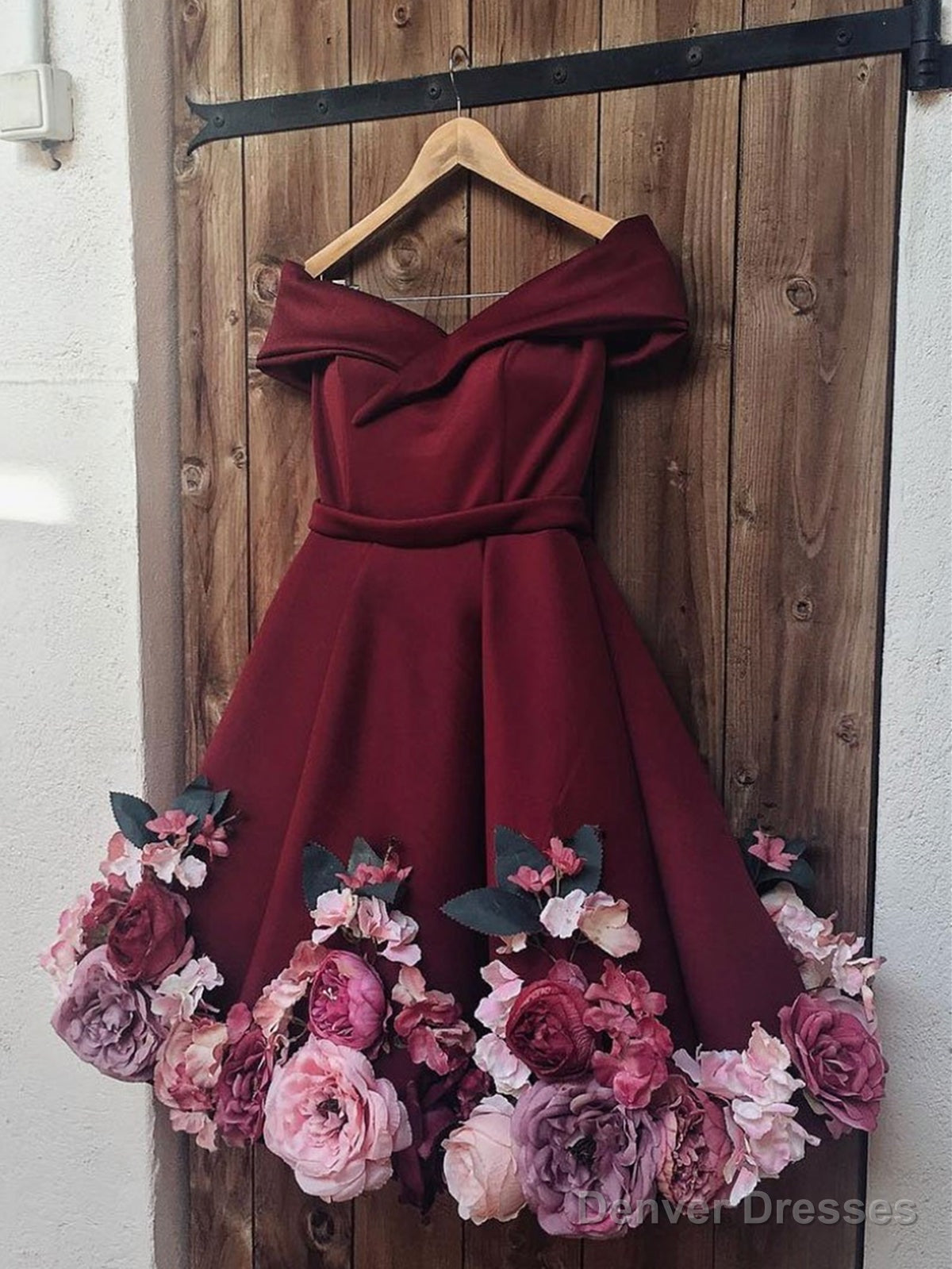 A Line Off Shoulder Short Burgundy Floral Prom Dresses, Short Burgundy Floral Formal Graduation Cocktail Dresses Main image
