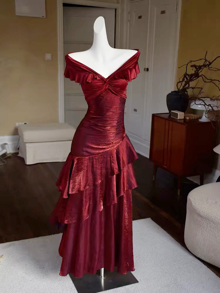 A-Line Off Shoulder Silk Floor Length Burgundy Prom Dress Main image