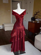 A-Line Off Shoulder Silk Floor Length Burgundy Prom Dress