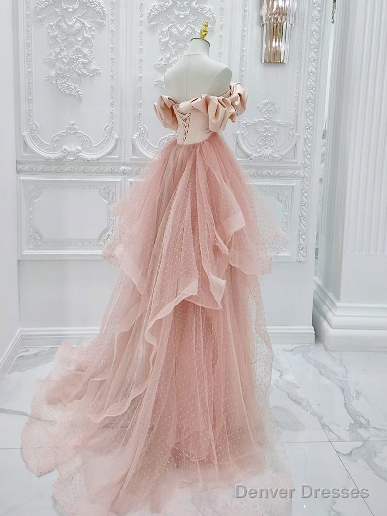 A-Line Off Shoulder Statin Tulle Pink Long Prom Dress, Pink Long Formal Dress Secondary image